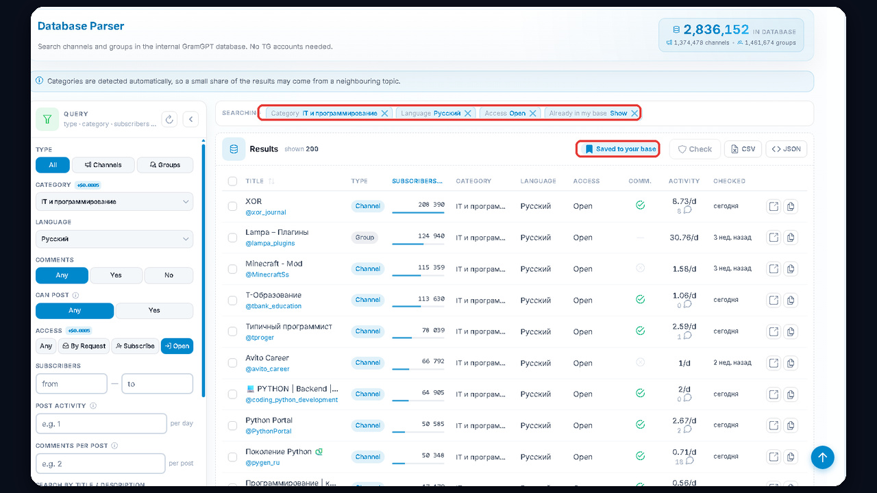 Telegram channels list in the GramGPT database parser: 2.8M channels and groups with filters