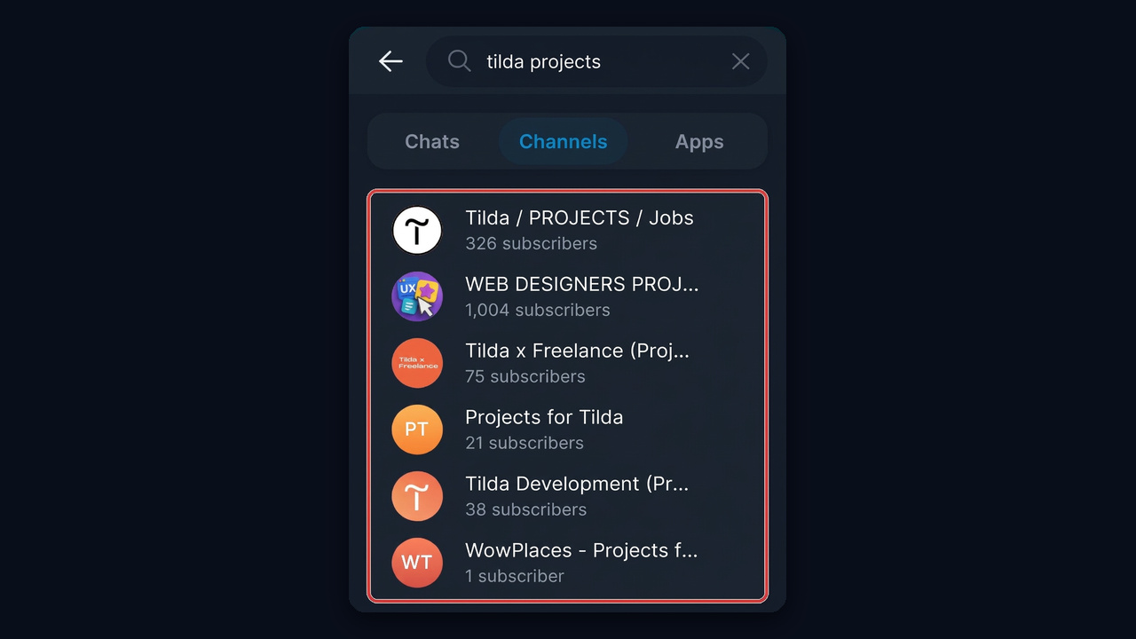 Telegram channels with website projects for web developers
