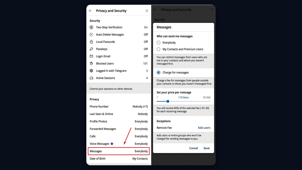 Telegram Charge for messages setting with a price from 1 to 35,000 Stars