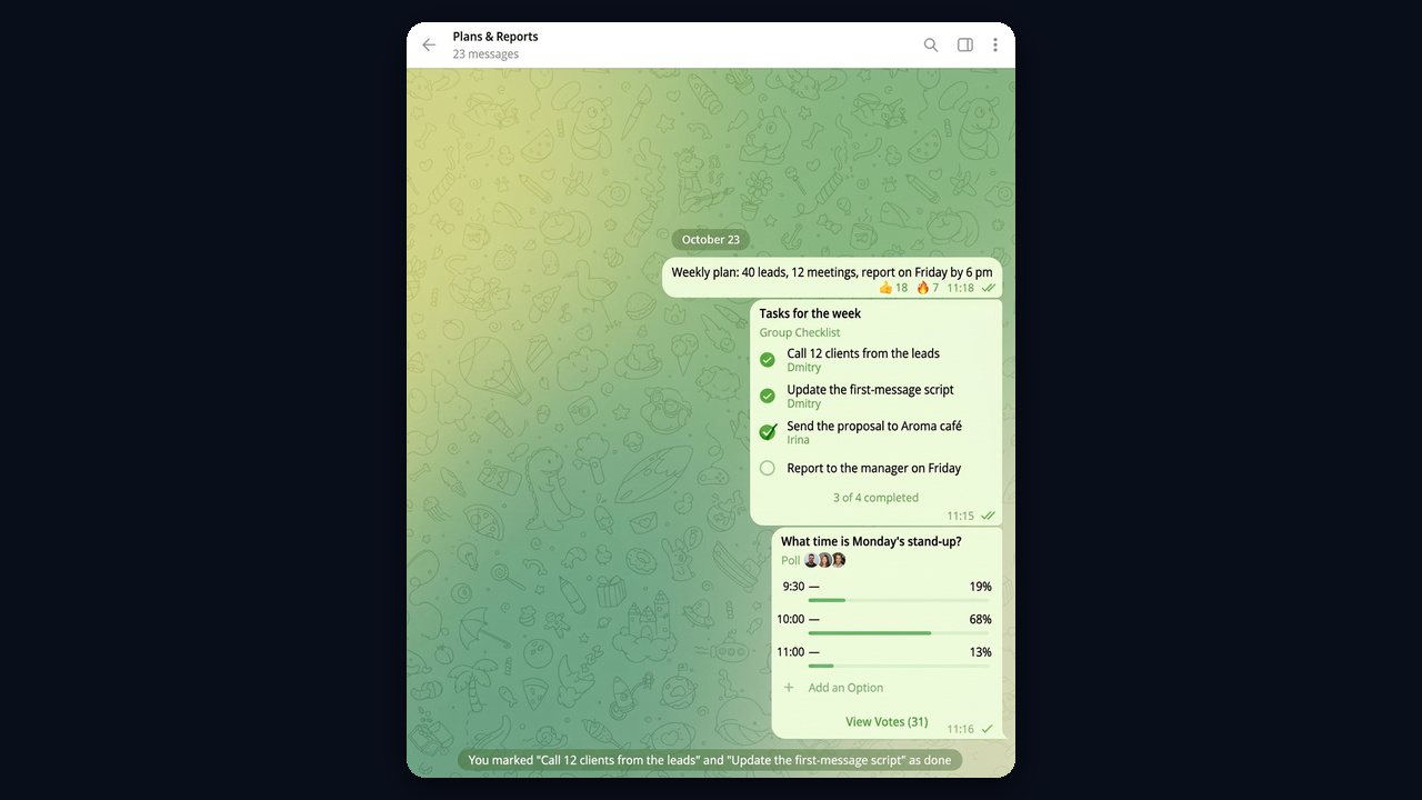 Team tasks in Telegram: a checklist and a poll in a work chat