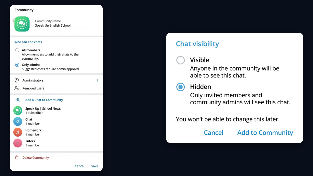 Community settings: who can add chats