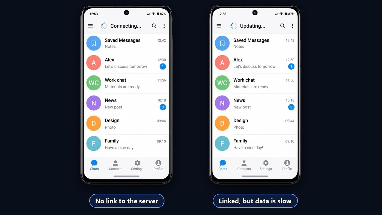 Telegram not connecting: Connecting… and Updating… in the header