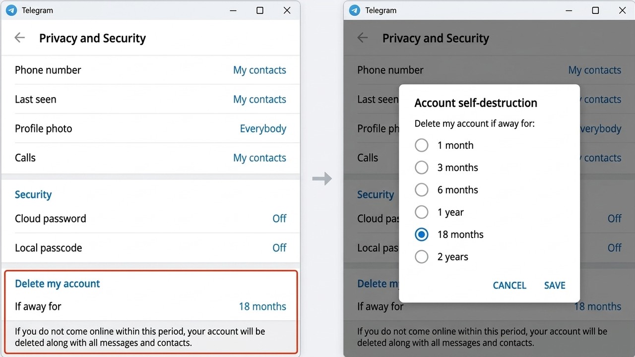 Account self-destruct timer in Telegram Desktop
