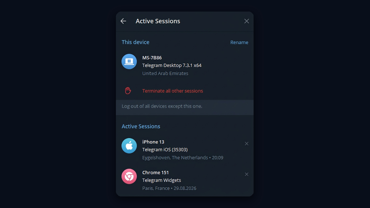 Active sessions in Telegram Desktop: this device and other logins
