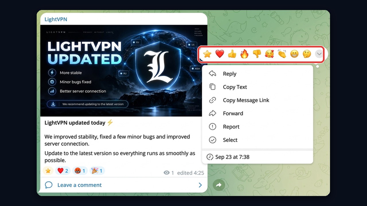 Reactions in Telegram Desktop: emoji strip above the context menu