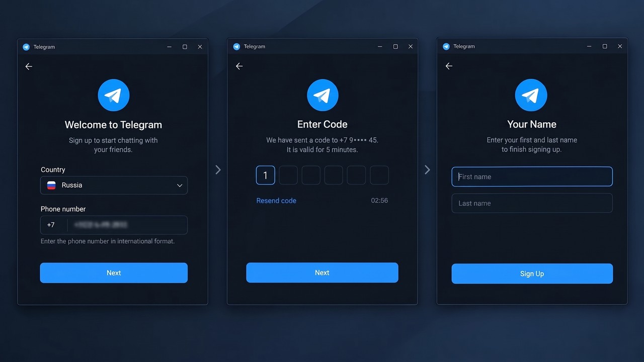 Telegram Desktop sign-up: country and number, code, name