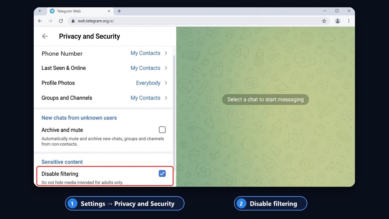 How to open a hidden channel: Privacy and Security, Disable filtering in Telegram Web