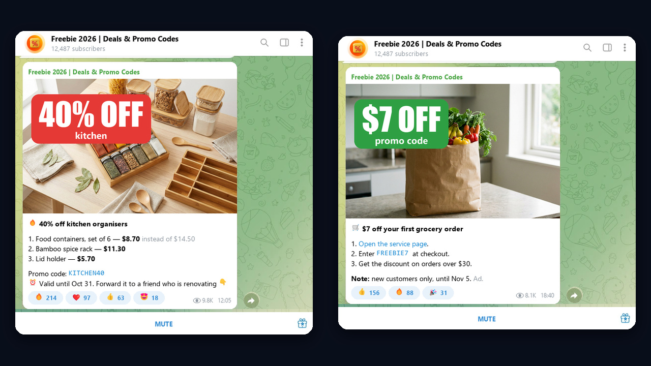 Telegram discount channel example: curated posts with prices, promo codes and reactions