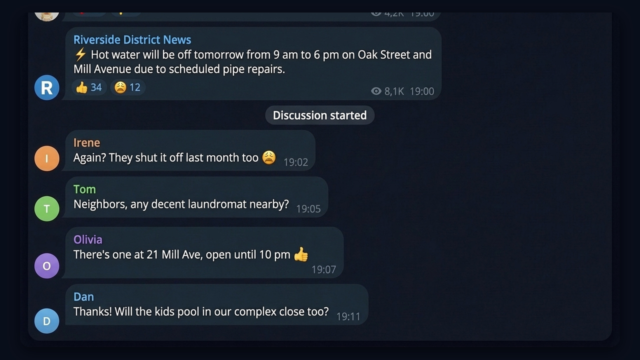 Telegram People Nearby alternative: neighbors talking under a district channel post