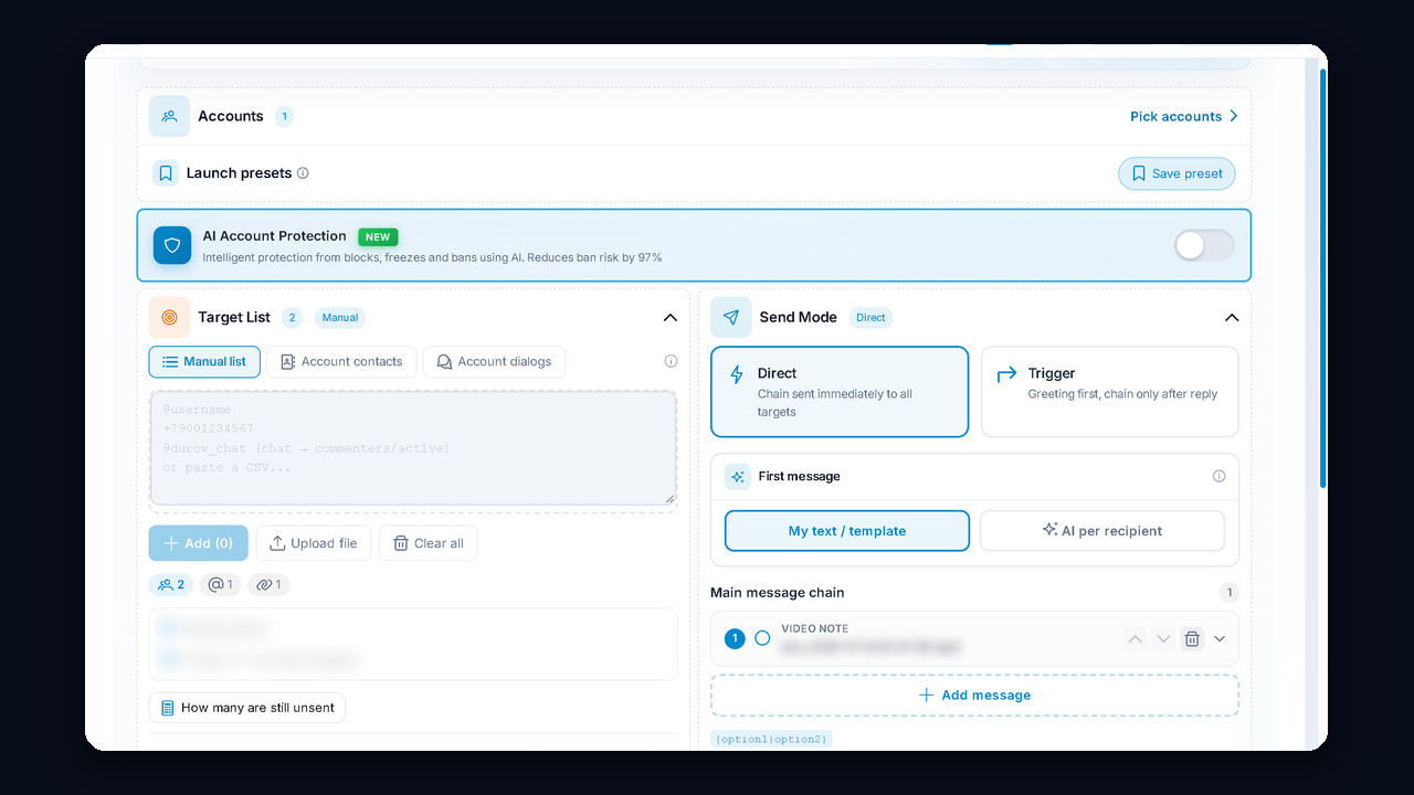 Telegram DM campaign: targets and send mode with a first message