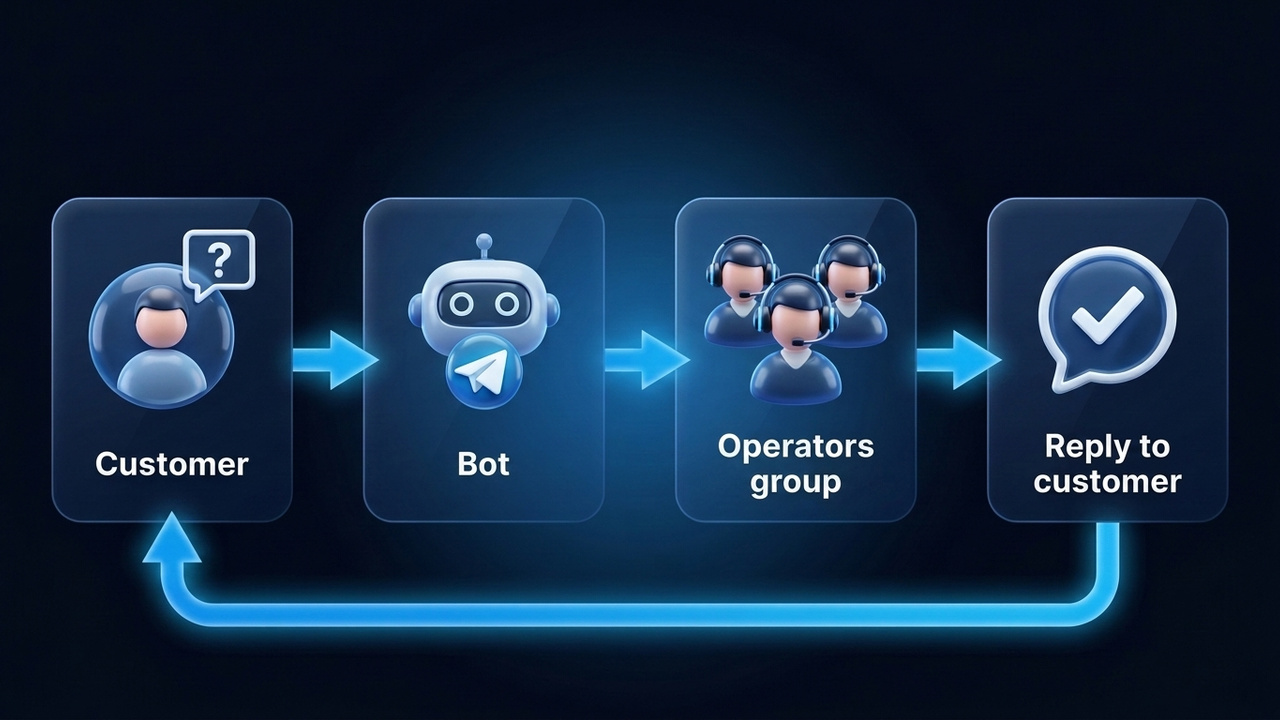 Telegram feedback bot flow: customer, bot, operators group and reply