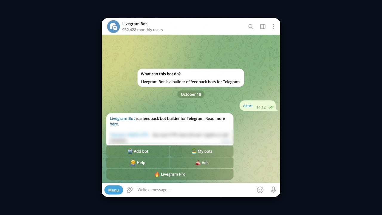 Telegram feedback bot: Livegram Bot, a no-code builder for support bots