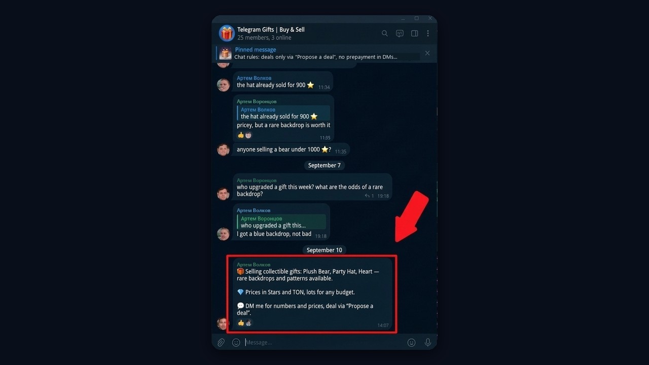 Telegram gifts sale post in a themed group after Chat Broadcast