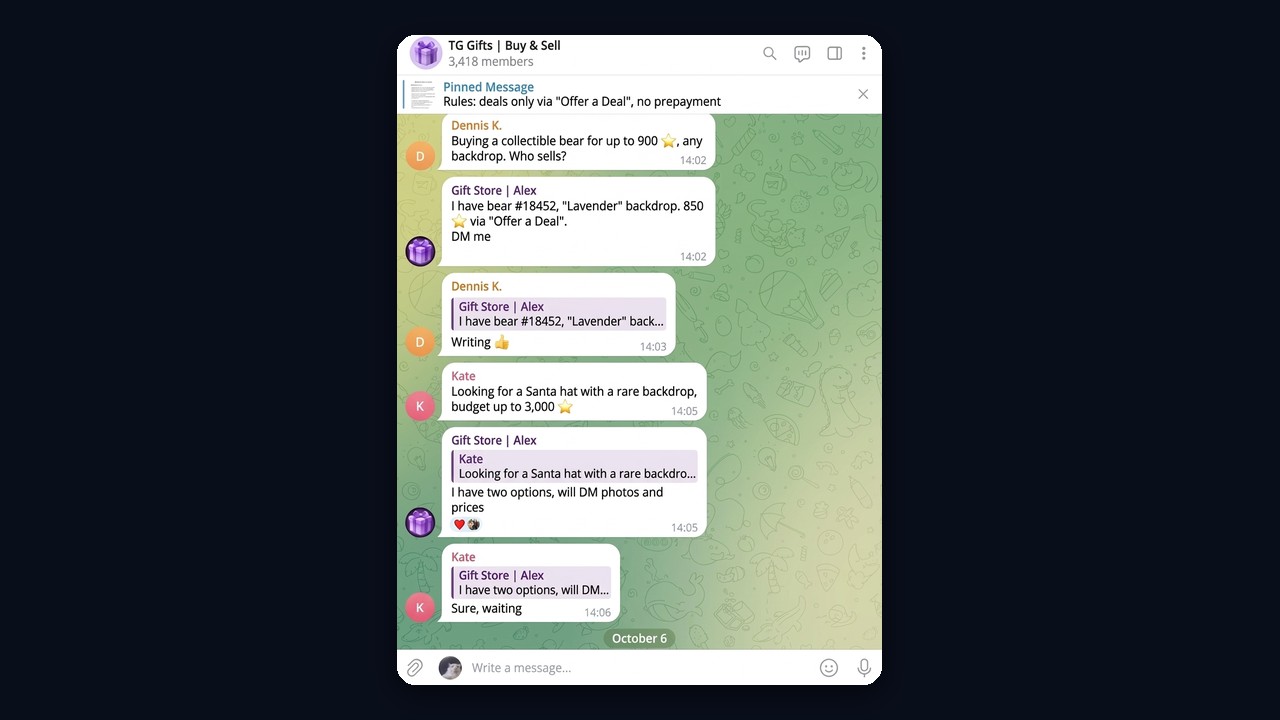 Telegram gifts trading chat: buyers look for collectibles and a seller replies