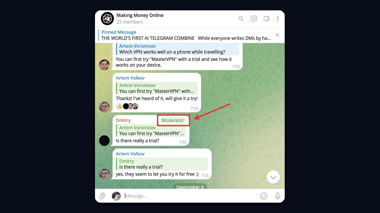 Member tag next to a name in a Telegram group