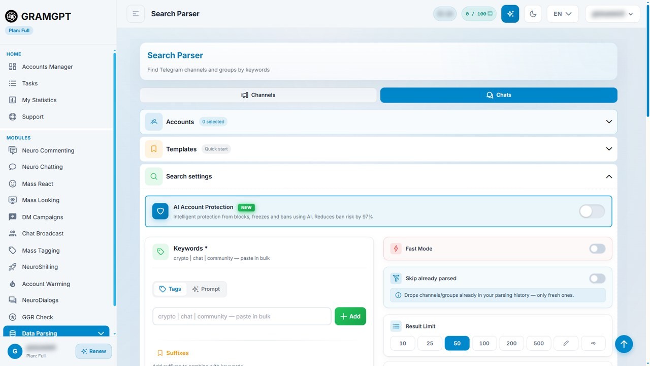 Collecting Telegram groups by keywords in the GramGPT parser