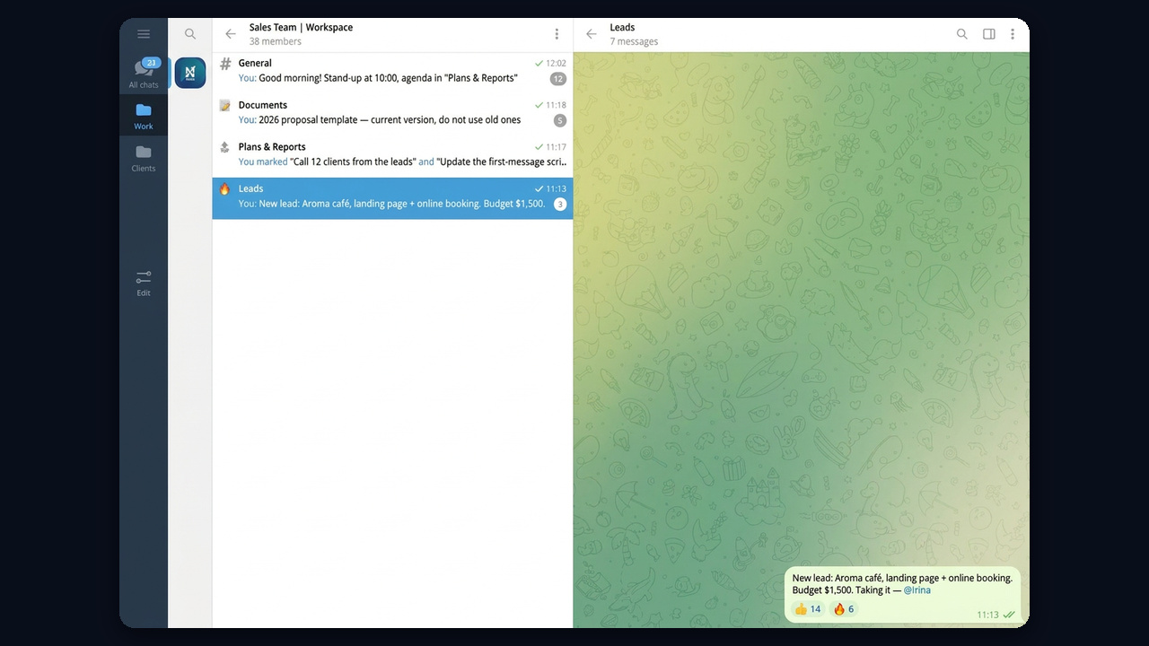 Topics in a Telegram work group: leads, documents, plans and reports