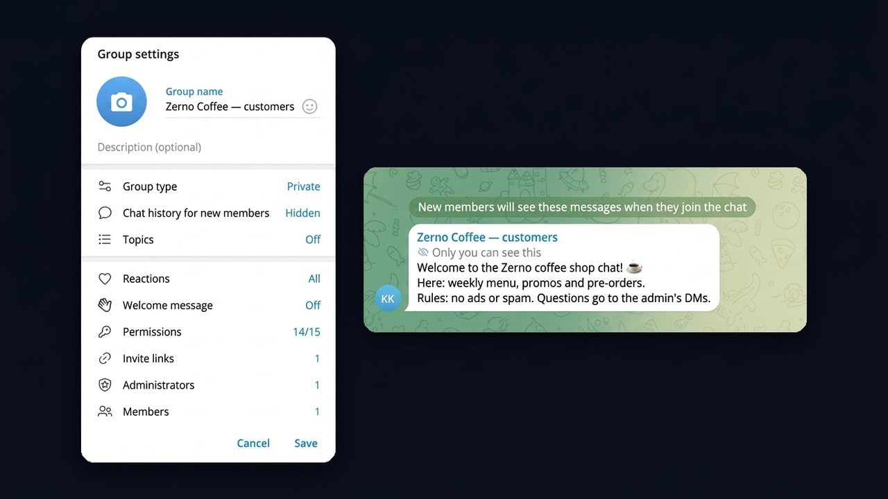 Telegram group welcome message: Edit → Welcome