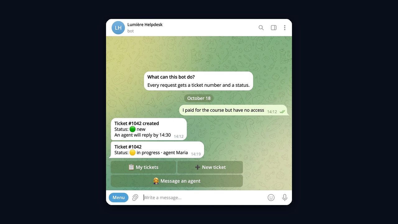 Telegram helpdesk bot: ticket #1042 with New and In progress statuses