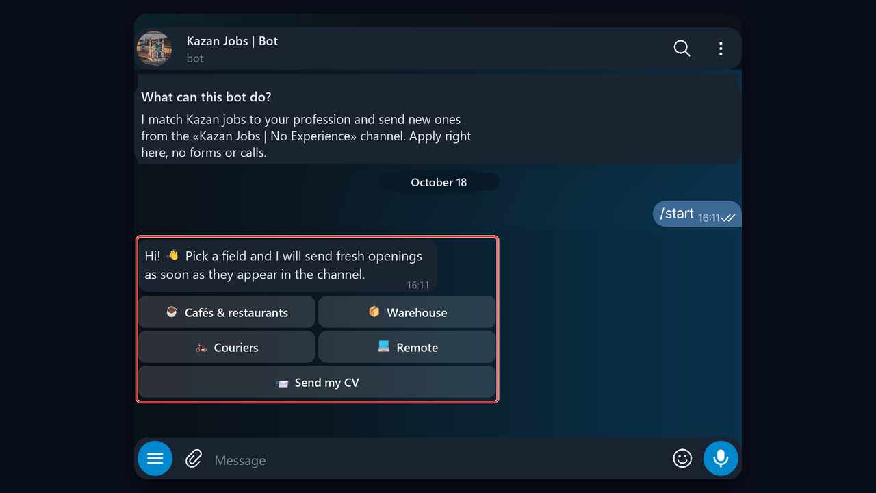 Job channel bot: pick a field with buttons and get new openings