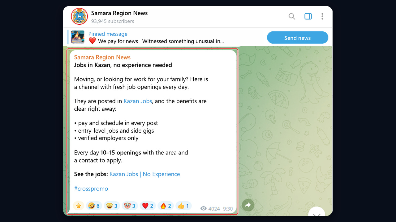 Telegram job channel cross-promotion: a swap post in a city channel