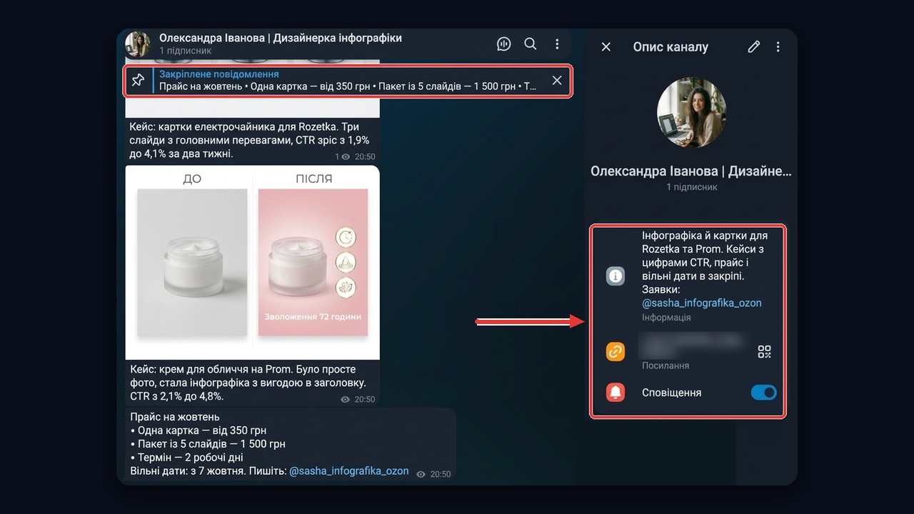 Телеграм канал дизайнера як вітрина робіт: опис послуг, кейси й закріп із прайсом