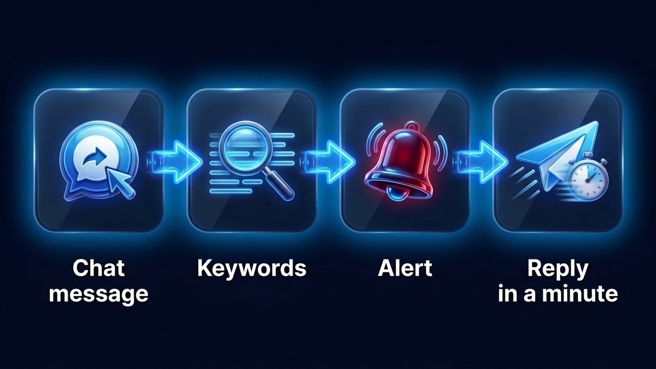 Telegram keyword monitoring flow: chat message, keywords, alert and a reply within a minute