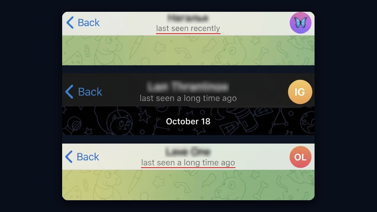 Telegram last seen recently and last seen a long time ago in real chat headers