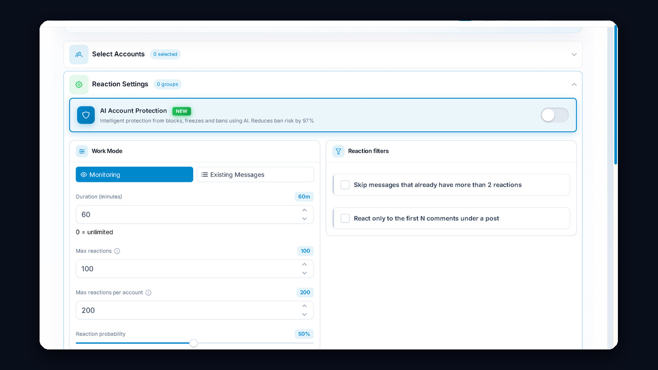 Telegram mass reactions settings in GramGPT