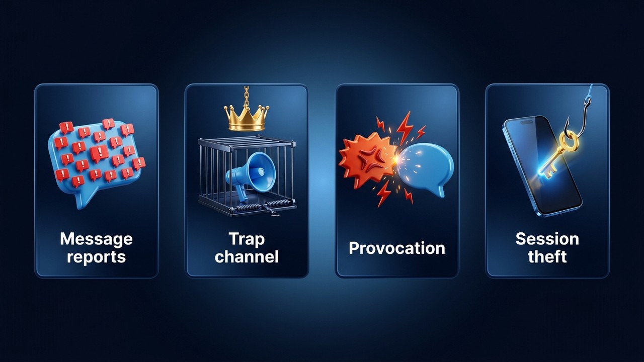 Telegram mass report attack types: message reports, trap channel, provocation, session theft