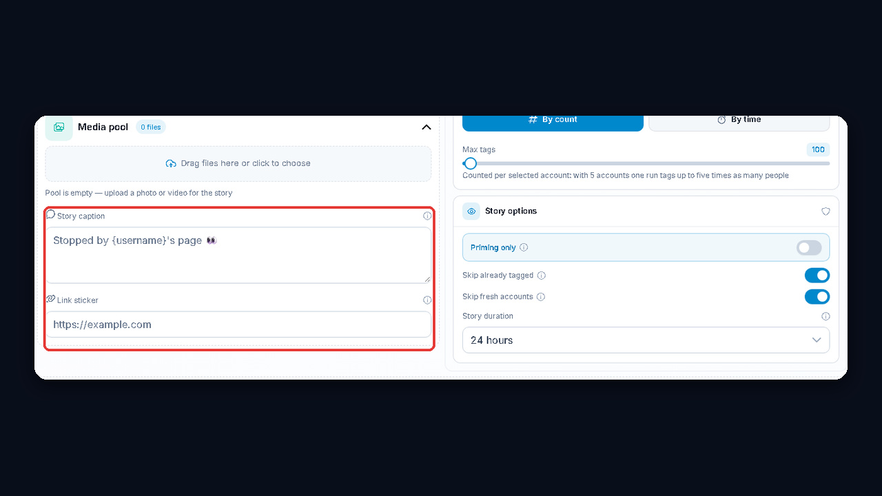 GramGPT mass tagging settings: media pool, {username} caption and link sticker