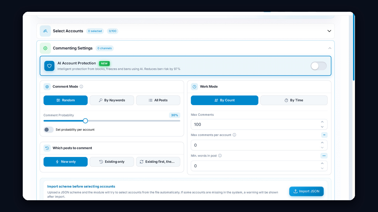 Telegram neurocommenting settings in GramGPT: commenting mode and work mode
