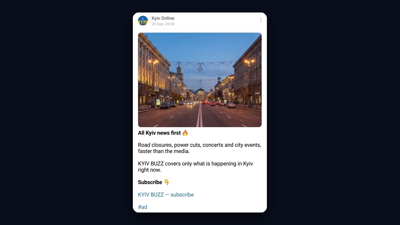 A Telegram news channel ad in a city channel