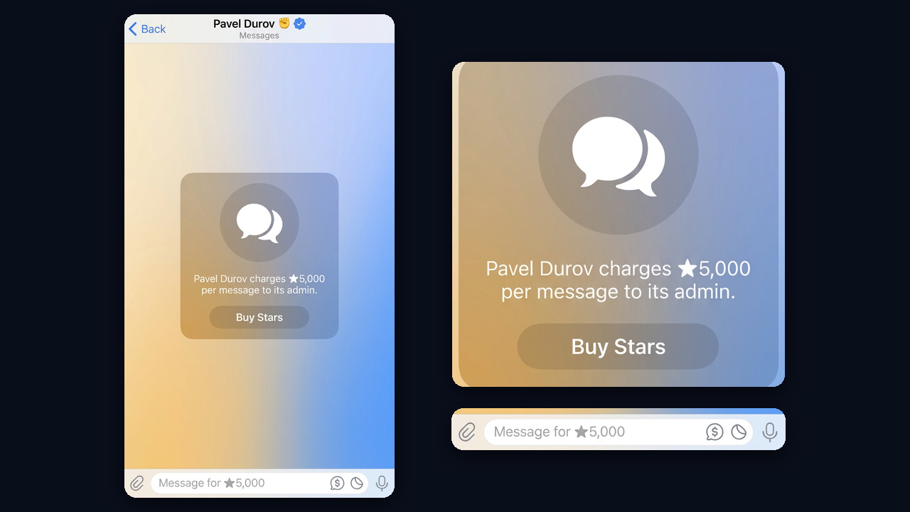 Telegram paid messages example: Pavel Durov channel charges 5,000 Stars per message to its admin