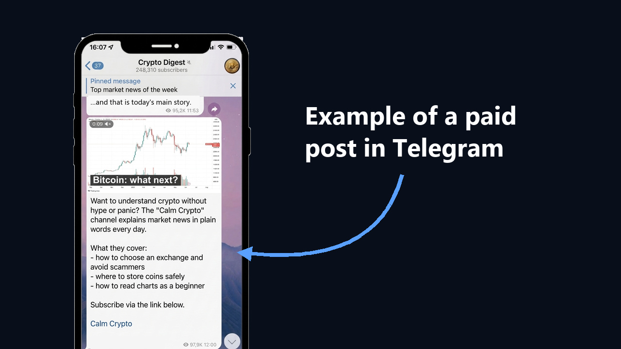 Example of a paid post in Telegram: promoting a crypto channel in another channel