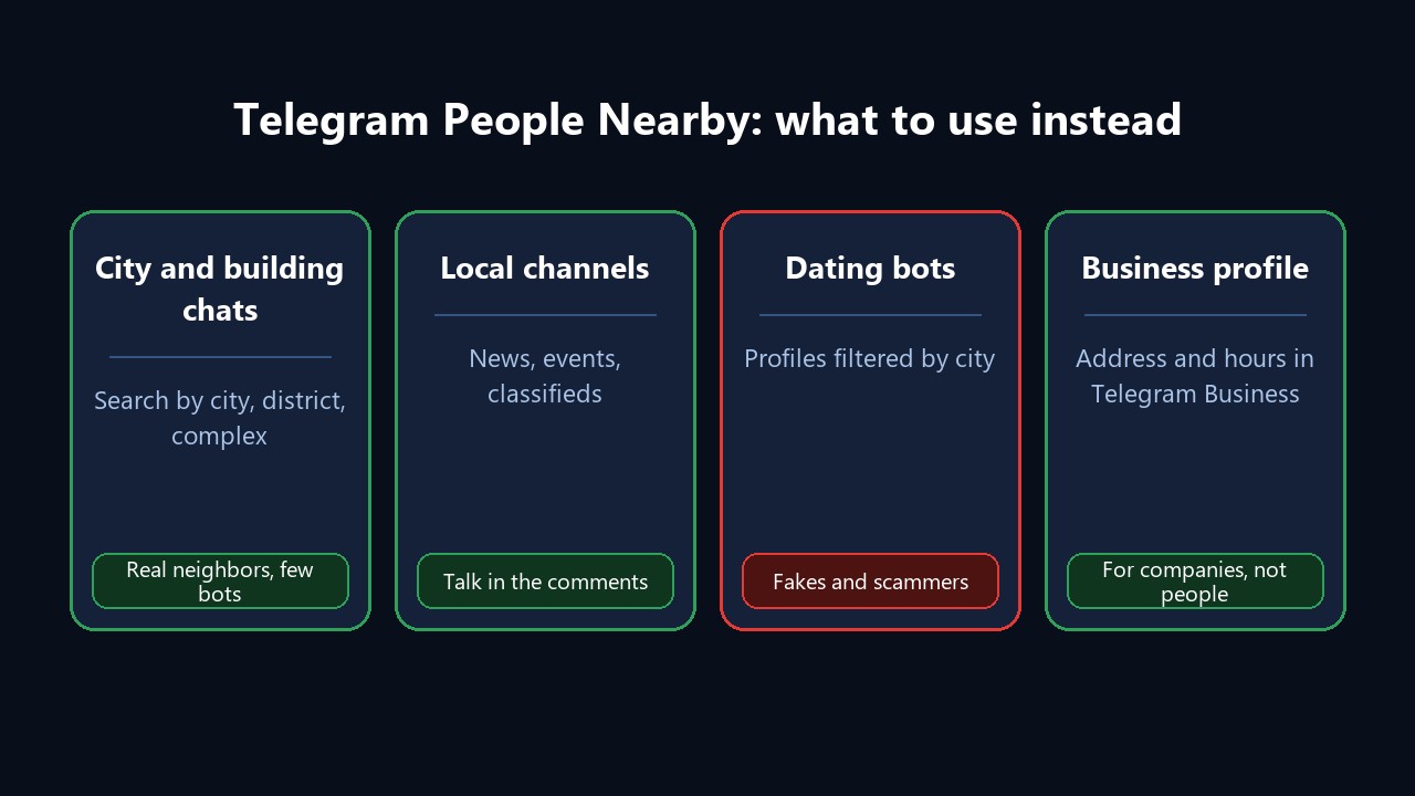 Telegram People Nearby alternatives: city chats, local channels, dating bots, business profile