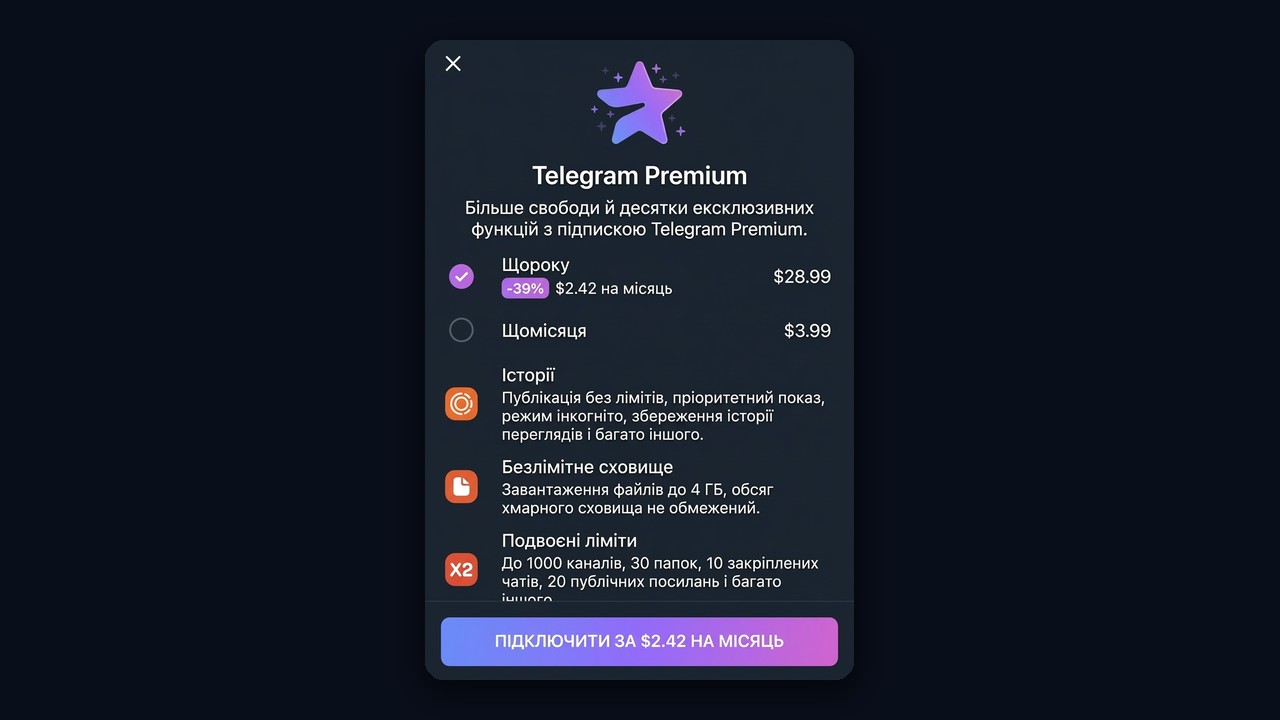 Що таке Telegram Premium: екран підписки з тарифами на місяць і рік