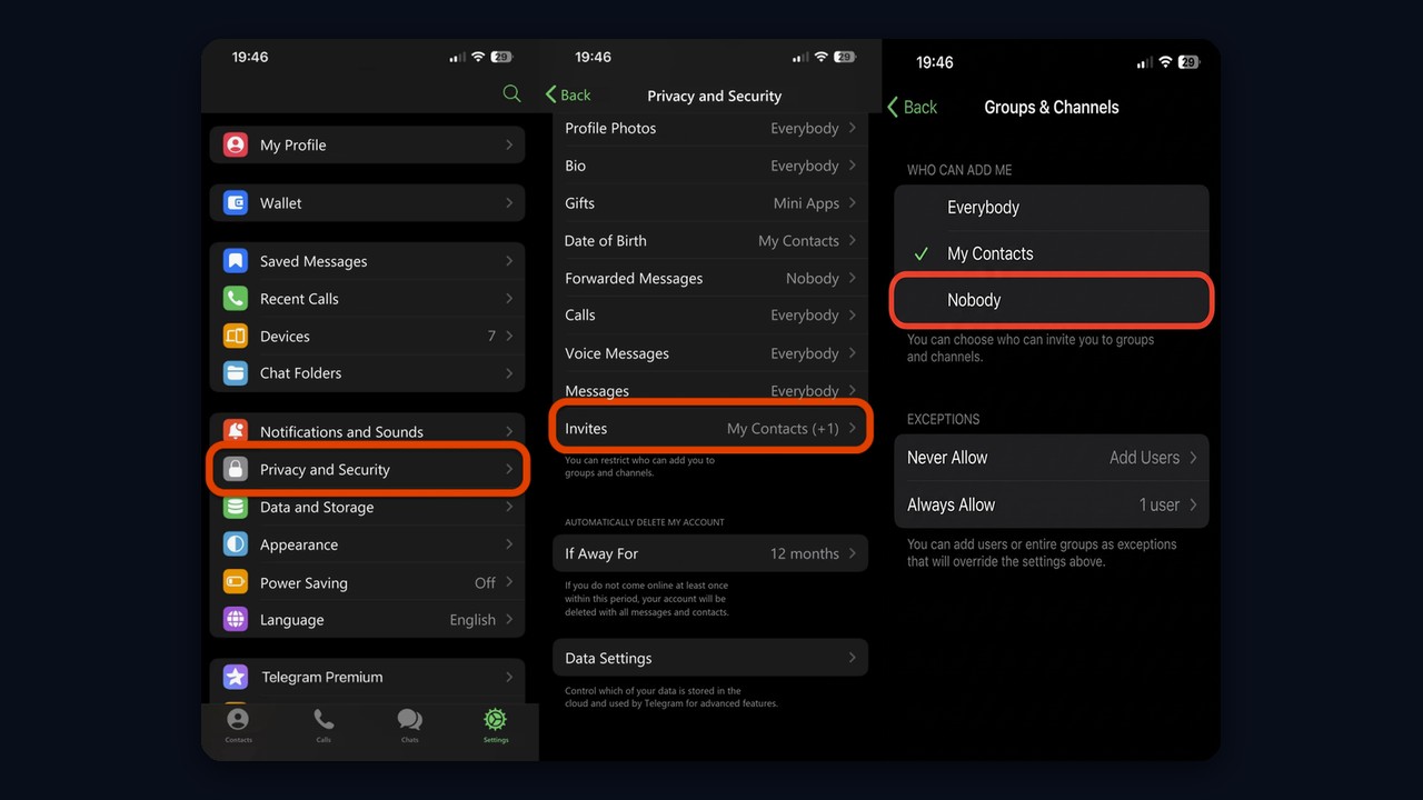 Telegram privacy settings: who can add you to groups and channels