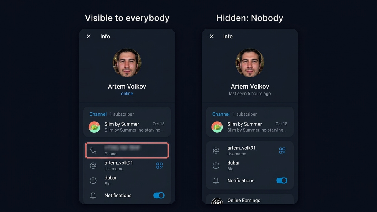 What others see after you hide the phone number on Telegram: profile before and after Nobody