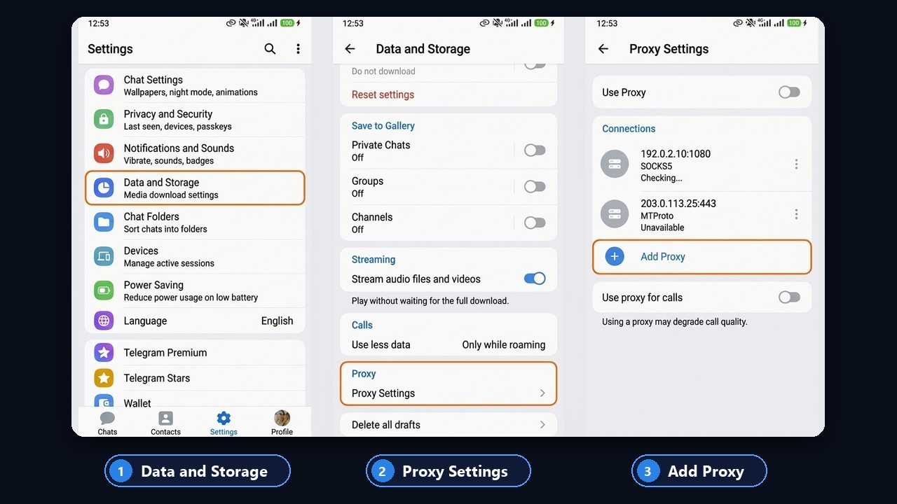 Proxy settings in Telegram: Data and Storage, Proxy