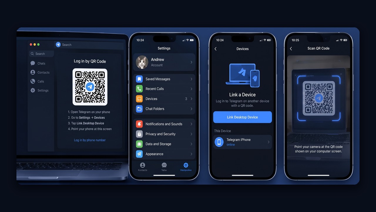 Telegram QR login on a computer: Settings → Devices → Link Desktop Device