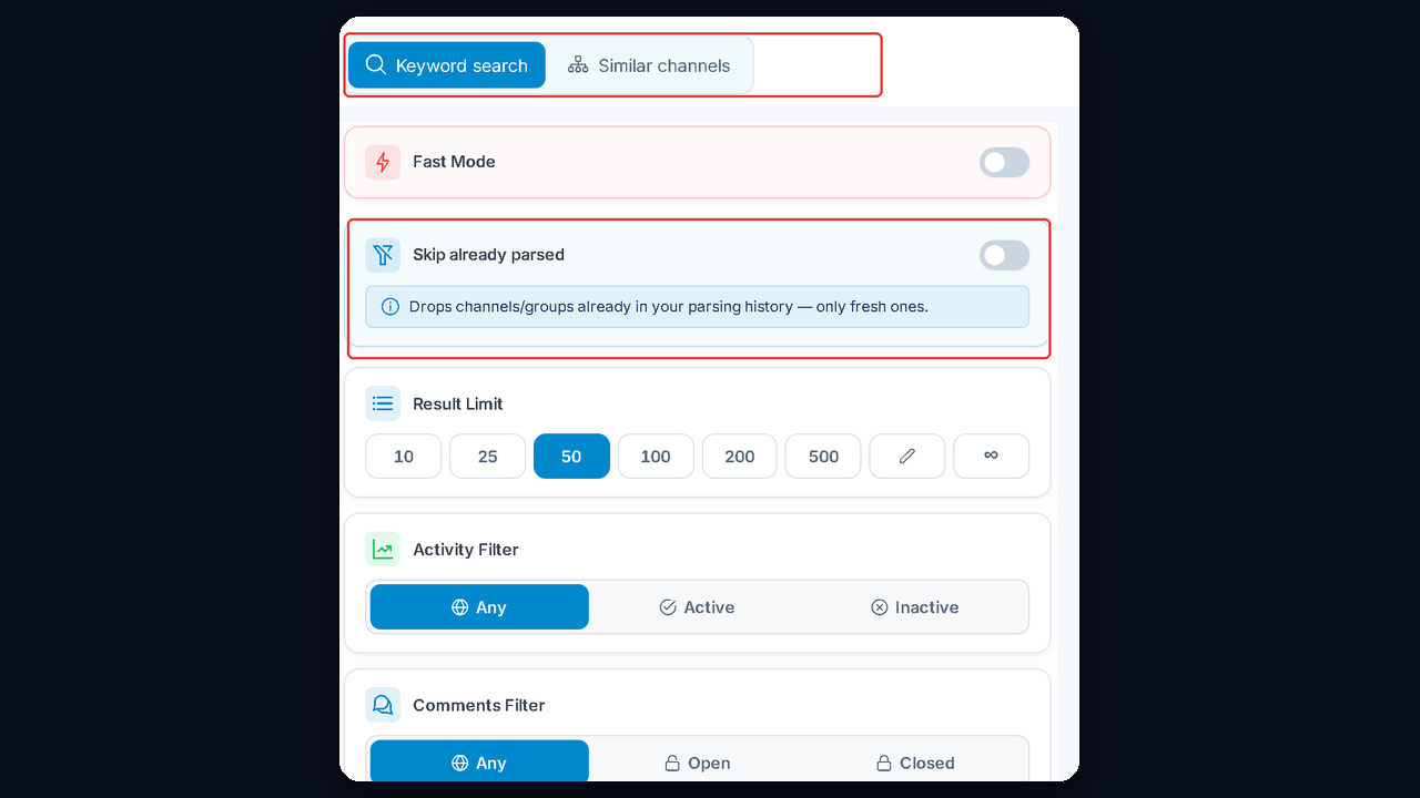 GramGPT search parser: keyword search, similar channels and the skip already parsed filter