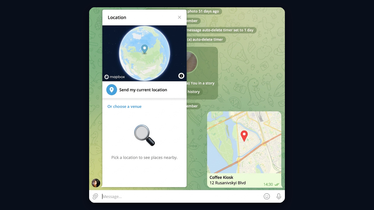 Location window: send your point or choose a venue
