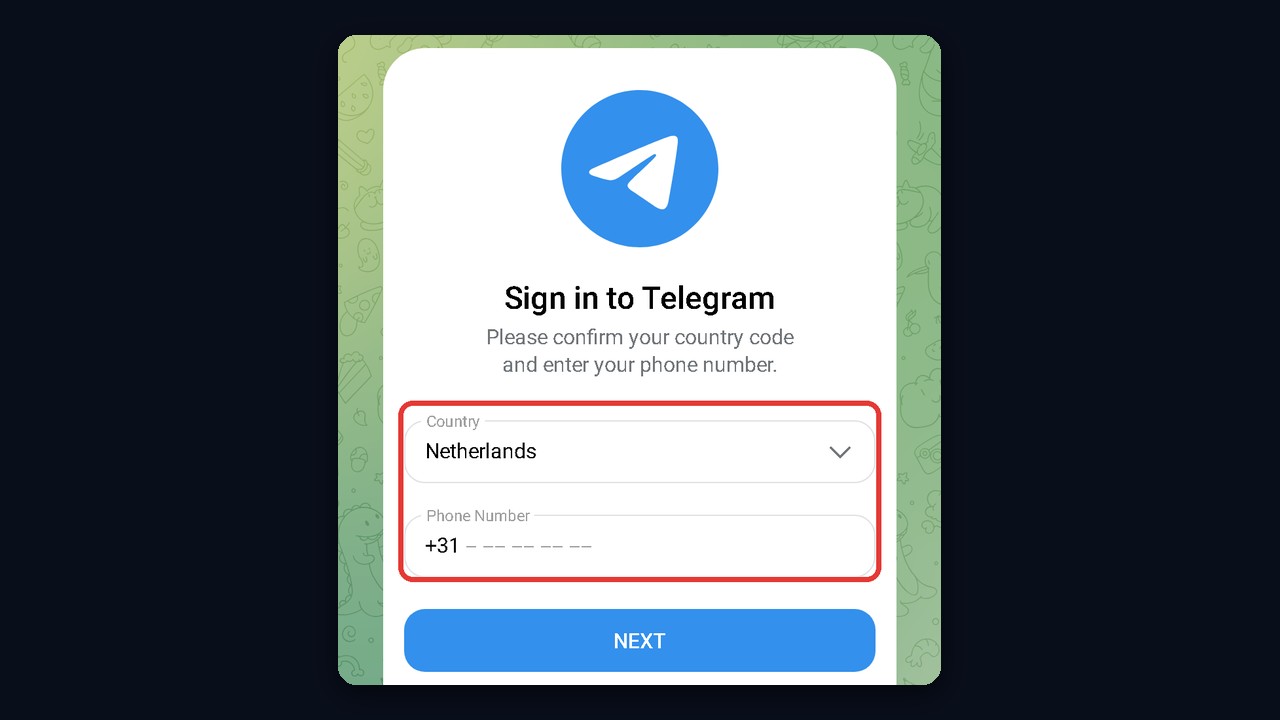Create a Telegram account on a computer: phone number form