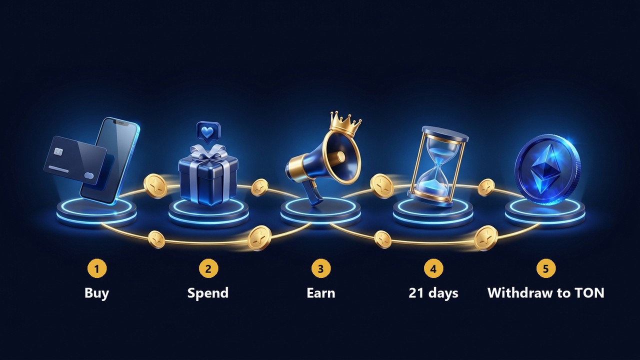 Telegram Stars path: buy, spend, earn, 21 days, withdraw to TON