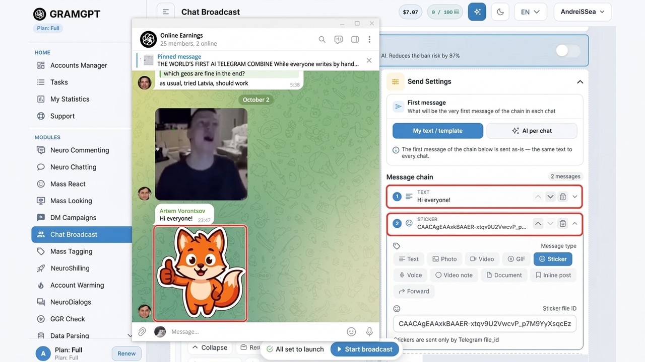 Sticker broadcast result: a greeting and the sticker in a group chat
