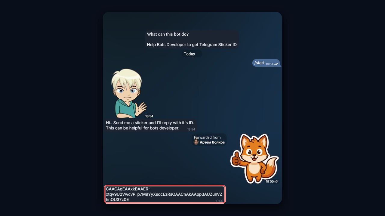 Where to get a sticker File ID: the @idstickerbot reply