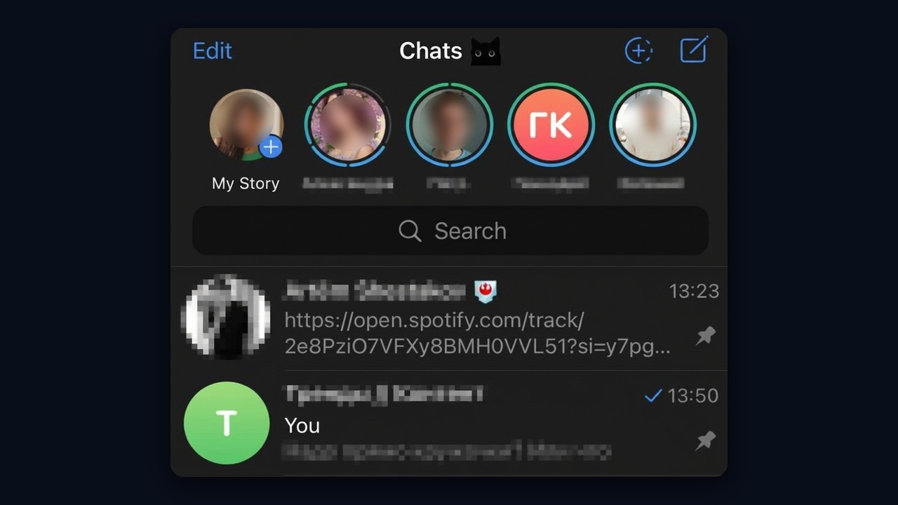 Story rings above the chat list in Telegram