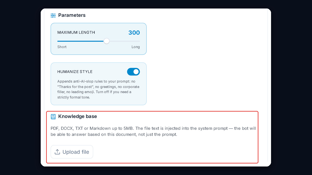 Knowledge base for a Telegram support bot: PDF, DOCX, TXT or Markdown upload in NeuroDialogs