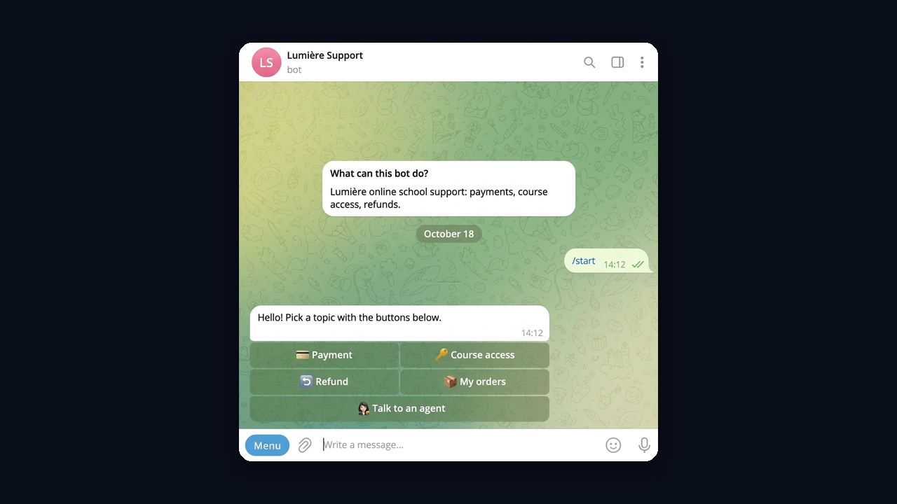 Telegram support bot menu example: Payment, Course access, Refund and Talk to an agent buttons